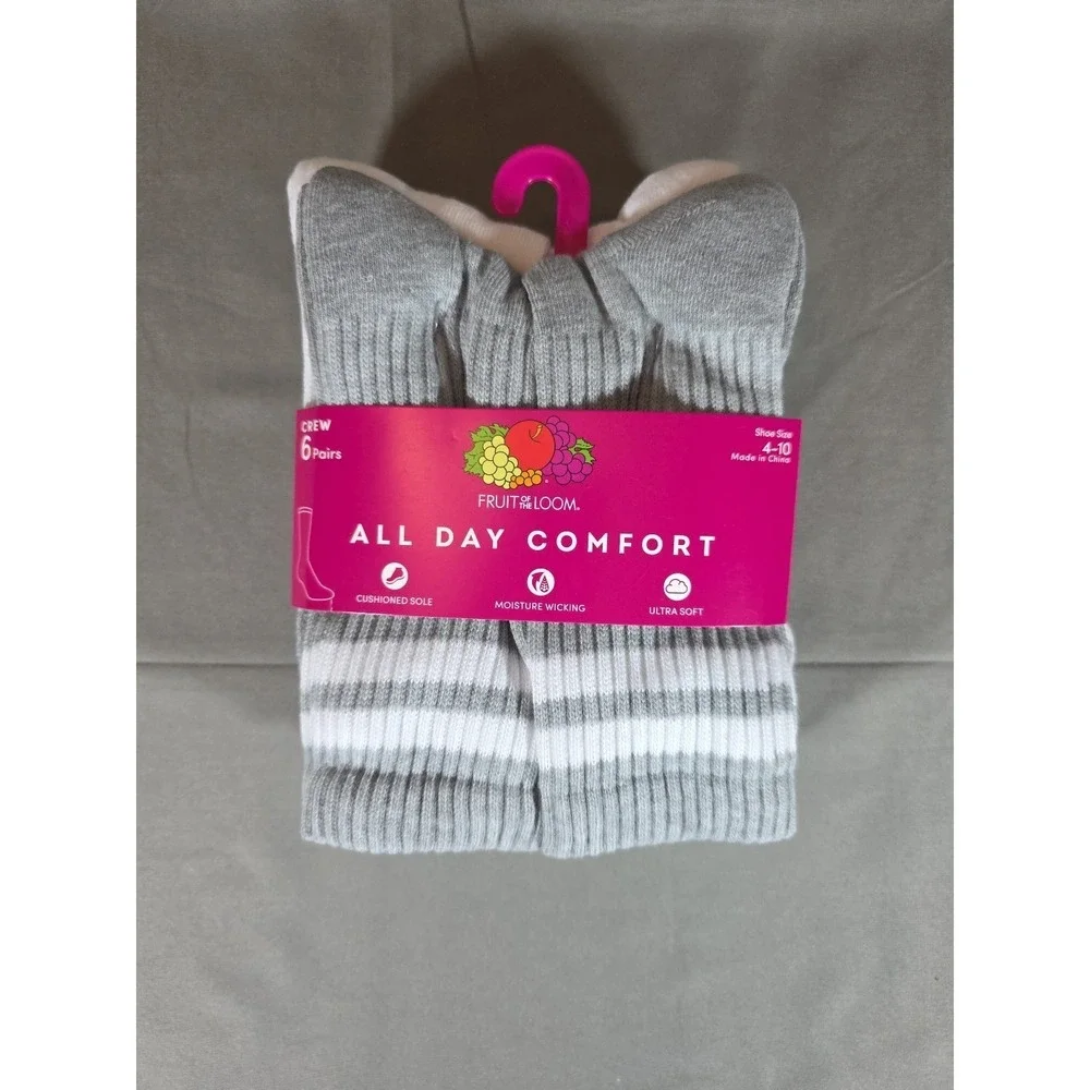 Women's Striped 6 Pair Crew Socks - Fruit of The Loom‎ - Gray Black White 4 - 10